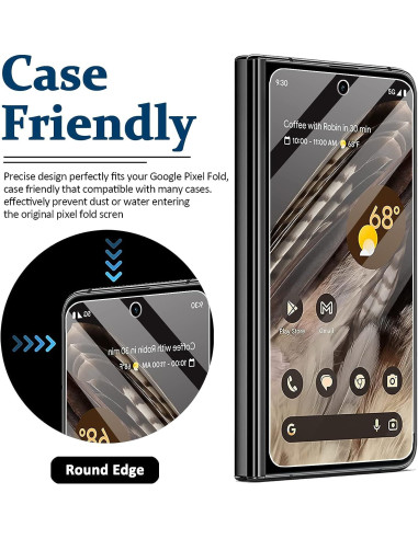 Google Pixel Fold med härdat glas, visat framifrån med rundade kanter och skärmvisning