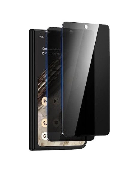 Närbild av Google Pixel Fold med härdat glas monterat, visar skärmskyddets passform och transparens