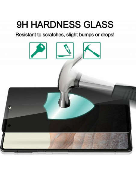 Närbild av Google Pixel Fold Privacy härdat glas som visar 9H hårdhet och repbeständighet