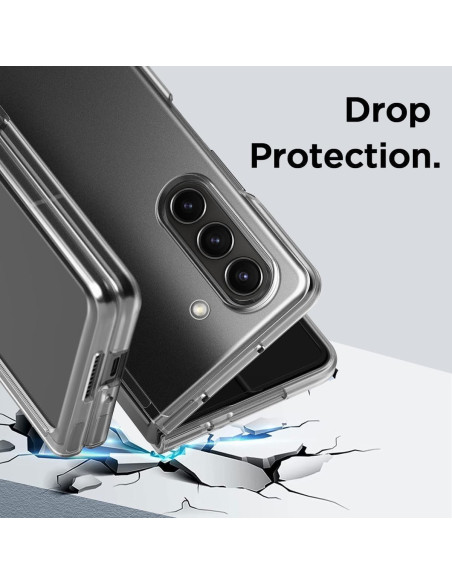 Närbild av transparent skal för Samsung Z Fold 5, med fokus på kamerautskärning och stötabsorberande design