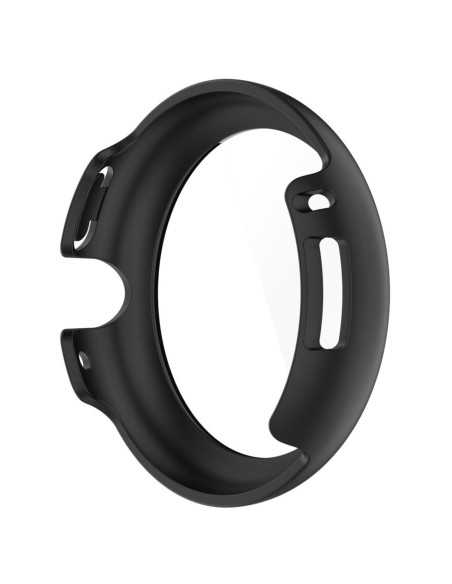 Heltäckande skal i svart för Pixel Watch, sett från sidan med tydlig detalj av härdat glas