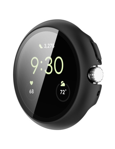 Heltäckande skal i svart för Pixel Watch, visat från sidan med tydlig detalj av knappen