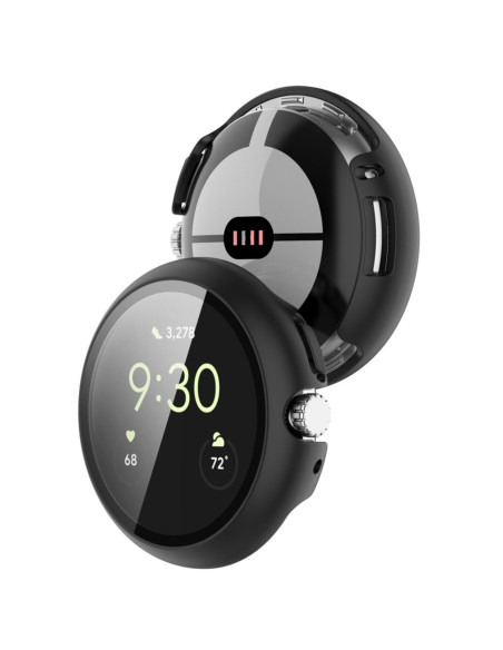 Heltäckande skal i transparent härdat glas för Pixel Watch, visat från baksidan med tydlig detalj av knappen