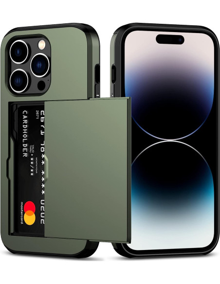 Grönt stöttåligt skal för iPhone 15 Pro med kortfack, visat från sidan