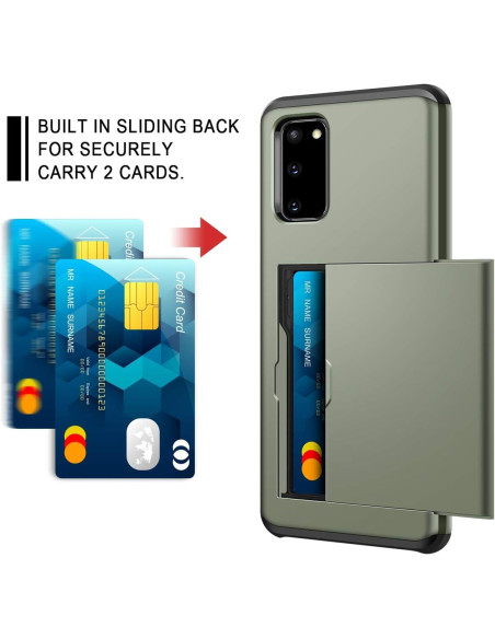 Grönt skal för Samsung Galaxy S20 Plus med kortfack, visat från sidan med kort inskjutna