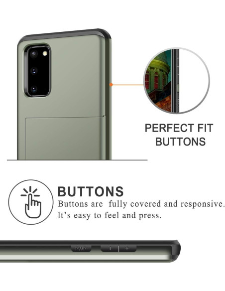 Närbild av grön stöttålig skal för Samsung Galaxy S20 Plus med fokus på knappar och kortfack