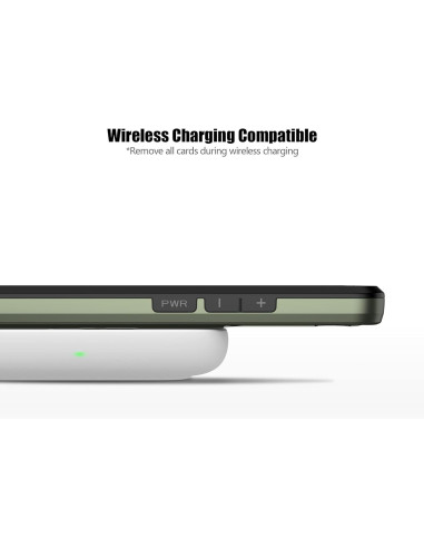 Sidan av det gröna stöttåliga skalet för Samsung Galaxy S21 Plus, med knappar och trådlös laddning
