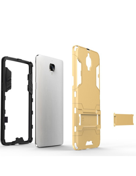 OnePlus 3 & 3 T Stöttåligt Skal ThinArmor med kickstand, visat i uppdelad vy med telefon och skaldelar