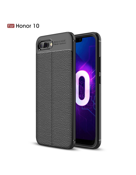 Svart stöttåligt skal för Honor 10 med läderlook, visad från sidan med telefon monterad
