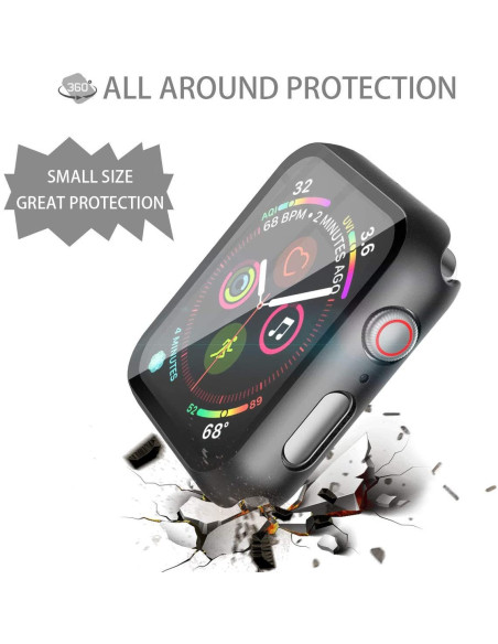 Framifrån vy av 2in1 stöttåligt skal i svart för Apple Watch 7/8/9 (41mm) med klockdisplay
