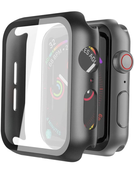 Närbild av 2in1 stötdämpande skal i svart för Apple Watch 44mm med härdat glas