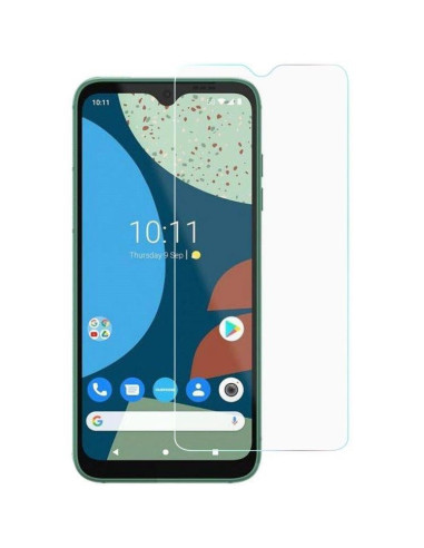 Härdat glas för Fairphone 4, monterat på telefonens skärm med tydlig vy av designen