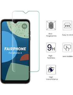 Härdat glas för Fairphone 4, monterat på telefonens skärm med tydlig vy av designen 2