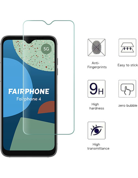 Härdat glas för Fairphone 4, med tydlig vy av skärmskyddet och telefonens design