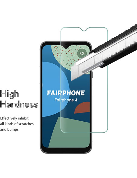 Härdat glas för Fairphone 4, med en kniv som visar glasets hållbarhet och skyddande egenskaper