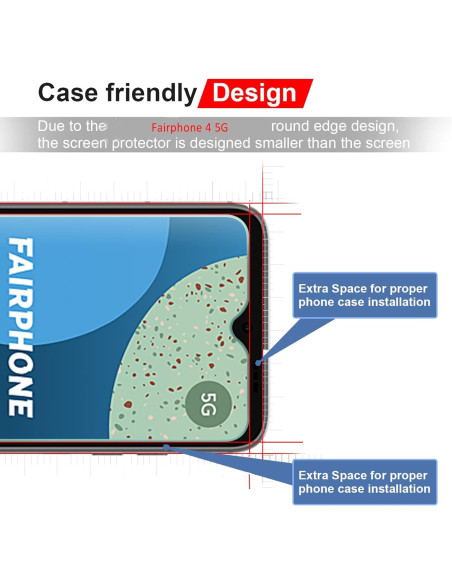Detaljvy av härdat glas för Fairphone 4, med fokus på rundade kanter och designanpassning