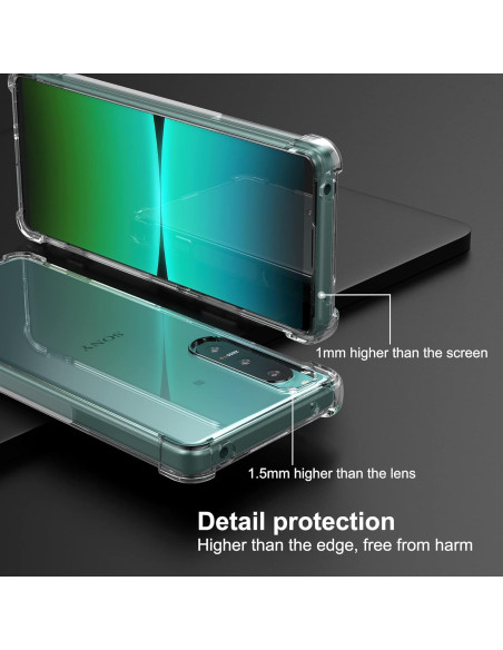 Xperia 1 V skal med förstärkta hörn, visat från sidan med fokus på skyddsnivåer