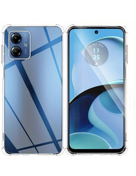 Transparent TPU-skal för Motorola Moto G14, visat framifrån med telefonen inuti