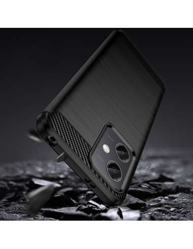Xiaomi Redmi Note 12 Pro 5G skal i svart med kolfiberlook, visat i en dynamisk vinkel