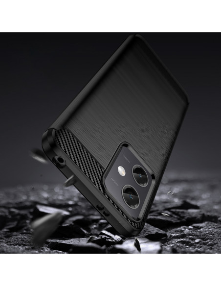 Xiaomi Redmi Note 12 Pro 5G skal i svart med kolfiberlook, visat i en dynamisk vinkel
