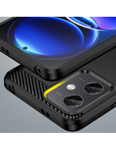 Xiaomi Redmi Note 12 Pro 5G skal i svart med kolfiberlook, visat från ovan med fokus på kamerautskärning