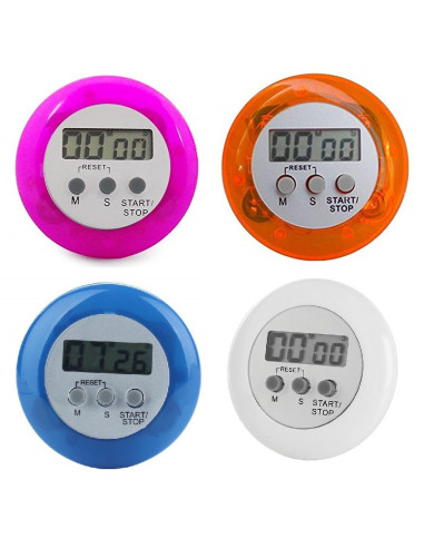 Digital kökstimer i färgerna rosa, orange, blå och vit med tydlig display