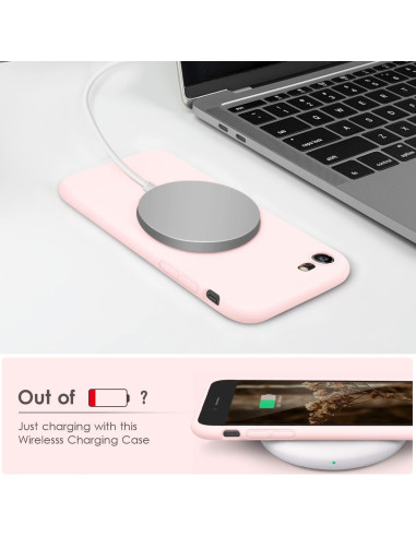 Mattrosa gummiskal för iPhone 7/8/SE2/SE3, visat med trådlös laddning
