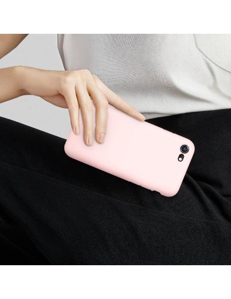 Mattrosa gummiskal för iPhone 7/8/SE2/SE3, hålls i handen med kameraskydd synligt