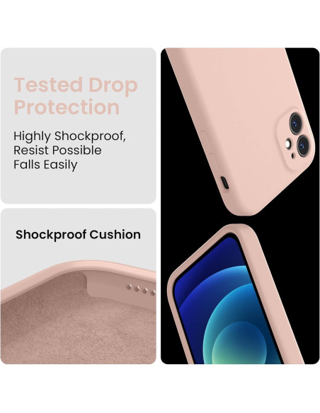 Närbild av mattrosa gummiskal för iPhone 12 Mini med fokus på kameraskydd och insidan av skalet