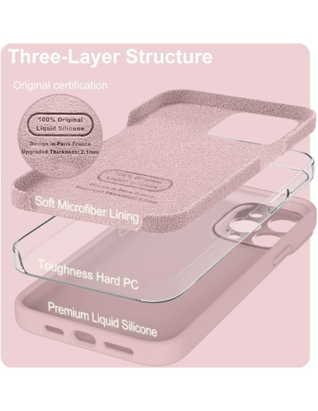 Detaljvy av mattrosa gummiskal för iPhone 12 Pro med kameraskydd och trelagerstruktur