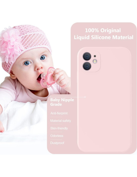 Mattrosa iPhone 12-skal med mjukt silikonmaterial, visat på en baby med napp