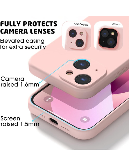Närbild av mattrosa iPhone 15-skal som visar kameraskydd och upphöjd kant
