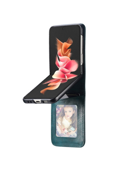 Grönt plånboksfodral för Samsung Z Flip 4 med öppet lock och kortfack synligt
