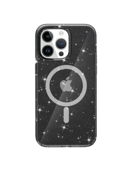 Svart glittrigt MagSafe skal för iPhone 15, med tydlig detalj av MagSafe-logotypen