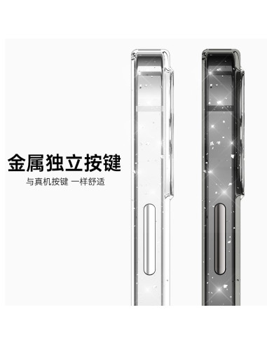 Närbild av glittrigt svart MagSafe-skal för iPhone 15 Pro, med fokus på sidoknapparna