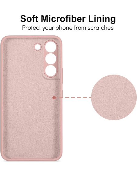 Detaljvy av det mattrosa gummiskalet för Samsung S23 med mjuk mikrofiberfoder