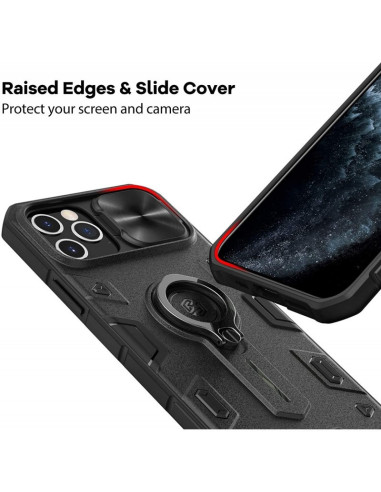 Detaljvy av stöttåligt skal med ringhållare för iPhone 15 Pro, med fokus på förstärkta kanter och kameraskydd