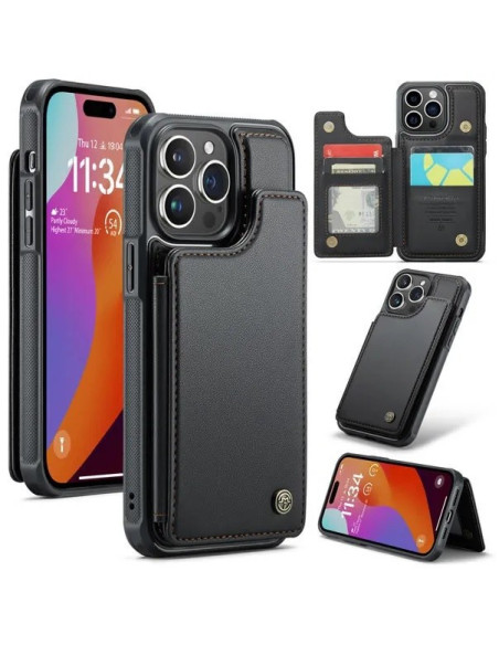 Svart stöttåligt skal med korthållare och stativ för iPhone 11 Pro Max, visat från sidan och framifrån