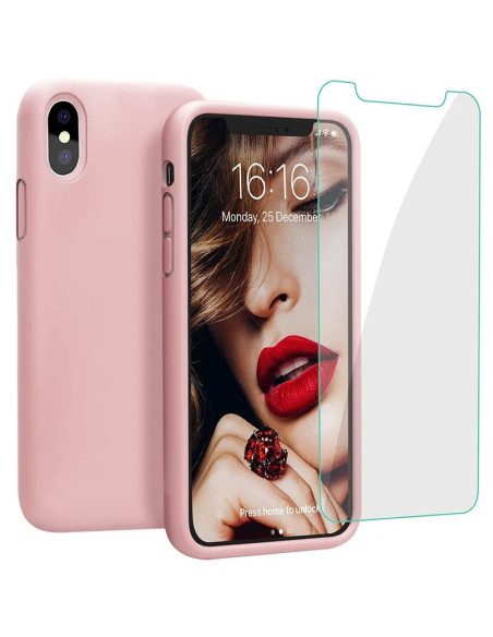3in1 gummibelagt skal i rosa, monterat på iPhone XS Max med skärmskydd