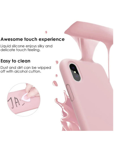 Detaljvy av rosa gummibelagt skal för iPhone XS Max med fokus på ytan och rengöring