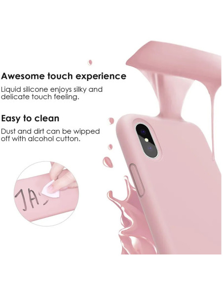 Detaljvy av rosa gummibelagt skal för iPhone XS Max med fokus på ytan och rengöring