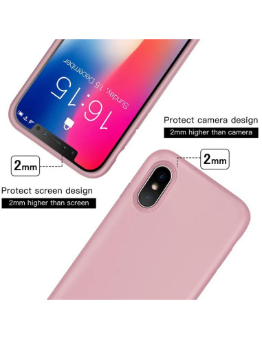 Närbild av rosa gummibelagt skal för iPhone XS Max som visar kamerautskärning och skärmskydd