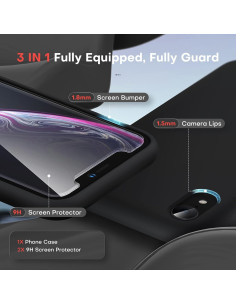 Svart gummibelagt skal för iPhone XR med härdat glas, visat från sidan 2