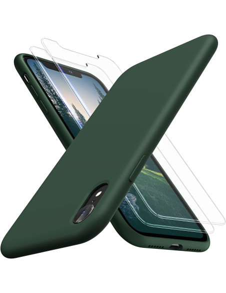 Gummibelagt skal i grön nyans för iPhone XR, visat från sidan med härdat glas