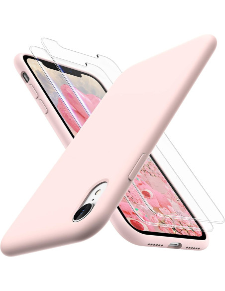 Rosa gummiskal för iPhone XR med härdat glas och detaljerad vy av skalen monterade på telefon