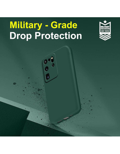 Mattgrönt gummiskal för Samsung S20 Ultra, sett snett framifrån med fokus på kameraskyddet