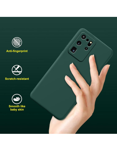 Mattgrönt gummiskal för Samsung S20 Ultra, hålls i handen med fokus på greppvänligt material