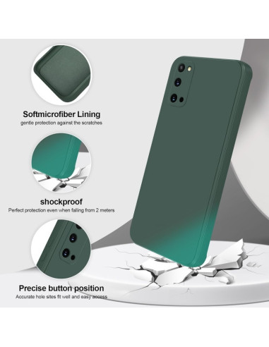 Mattgrönt TPU-skal för Samsung S20 Plus med kameraskydd, visat bakifrån med detaljerad vy av knappar och insnitt