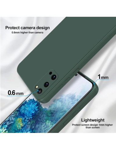 Detaljvy av mattgrönt skal för Samsung S20 Plus med fokus på kameraskyddets höjd och design