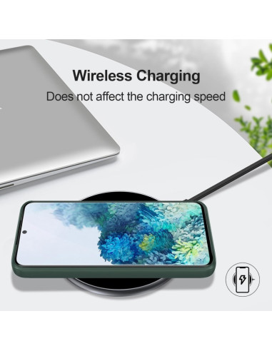 Samsung S20 Plus med mattgrönt skal som laddas trådlöst, visat ovanifrån